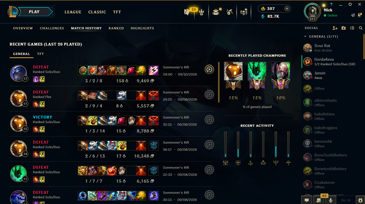 Screenshot of the current match history or Challenges screen